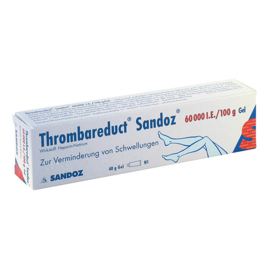 Das Produktfoto zeigt Thrombareduct Sandoz 60.000 I.E. Gel (40 g) PZN 00856439