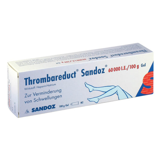 Das Produktfoto zeigt Thrombareduct Sandoz 60.000 I.E. Gel (100 g) PZN 00856787