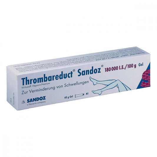 Das Produktfoto zeigt Thrombareduct Sandoz 180.000 I.E. Gel (40 g) PZN 00858384