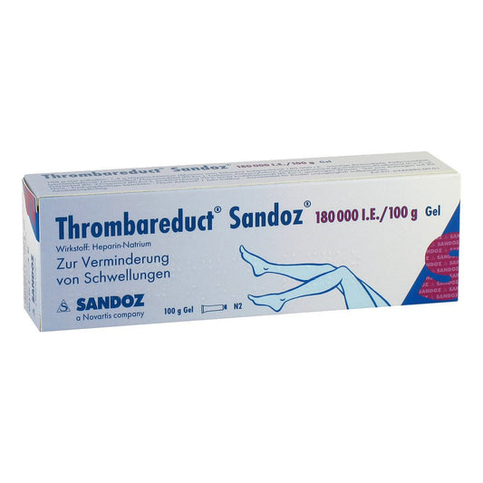 Das Produktfoto zeigt Thrombareduct Sandoz 180.000 I.E. Gel (100 g) PZN 00858390