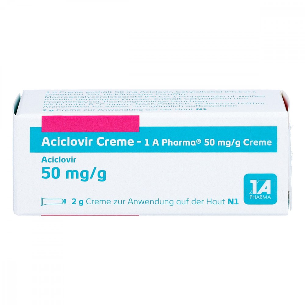 Das Produktfoto zeigt Aciclovir Creme-1a Pharma (2 g) PZN 00870439