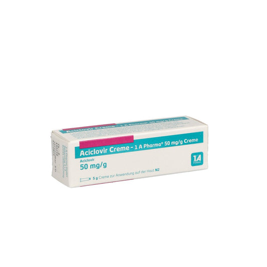 Das Produktfoto zeigt Aciclovir Creme-1a Pharma (5 g) PZN 00870445