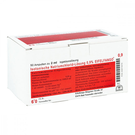 Das Produktfoto zeigt Isotonische Nacl Lösung 0,9% Eifelfango Inj.-Lsg. (50X2 ml) PZN 00874070