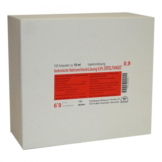 Das Produktfoto zeigt Isotonische Nacl Lösung 0,9% Eifelfango Inj.-Lsg. (100X10 ml) PZN 00875514