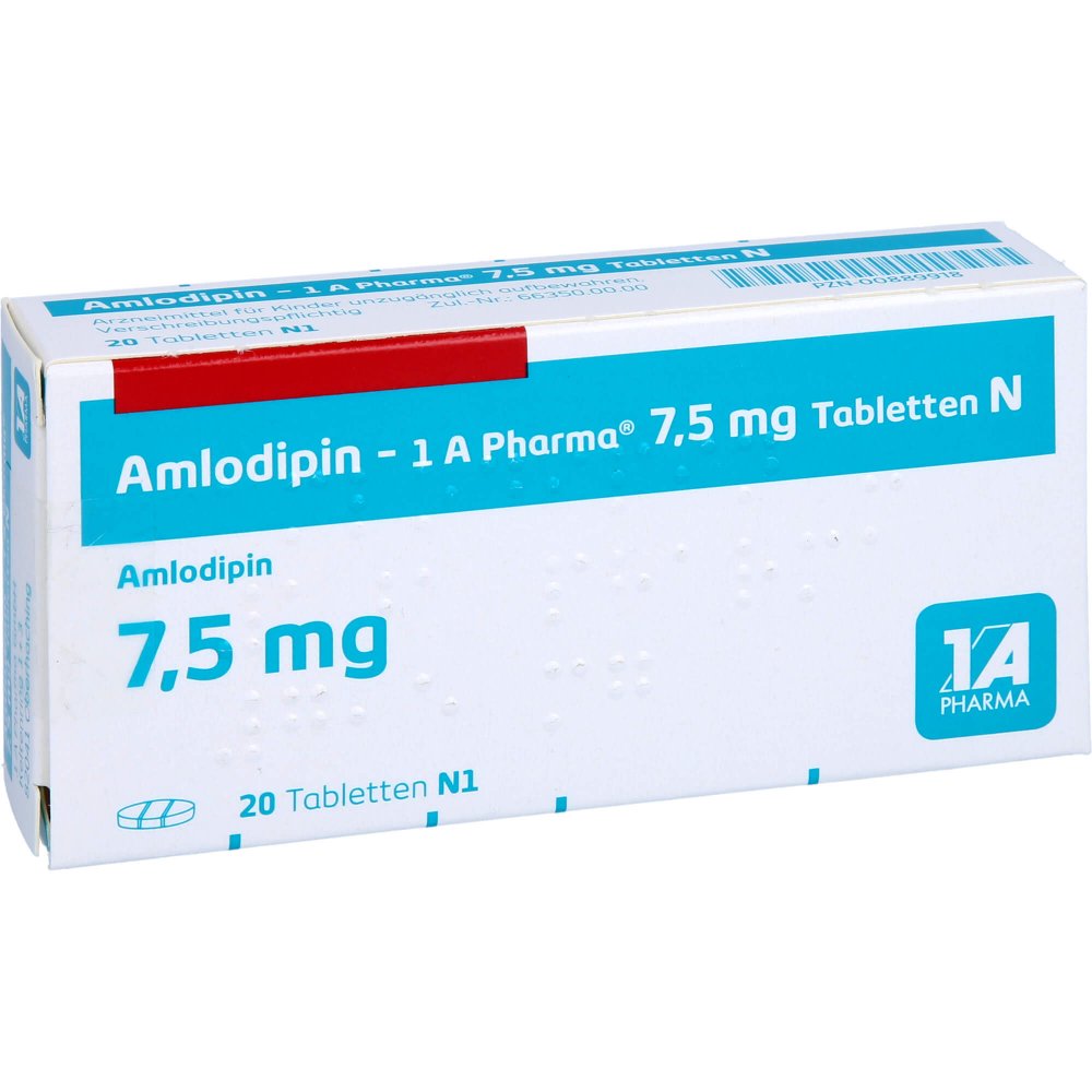 Das Produktfoto zeigt Amlodipin-1a Pharma 7,5 Mg Tabletten N (20 stk) PZN 00889918