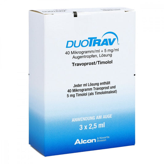 Das Produktfoto zeigt Duotrav 40 Mikrogramm/Ml + 5 Mg/Ml Augentropfen (3X2.5 ml) PZN 00890502