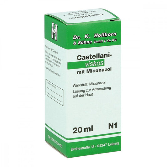 Das Produktfoto zeigt Castellani Viskos M. Miconazol Lösung (20 ml) PZN 00912787