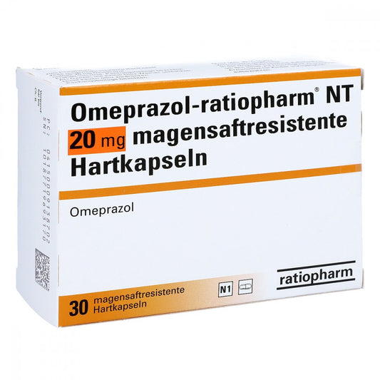 Das Produktfoto zeigt Omeprazol-Ratiopharm Nt 20 Mg Magensaftr.Hartkaps. (30 stk) PZN 00913870