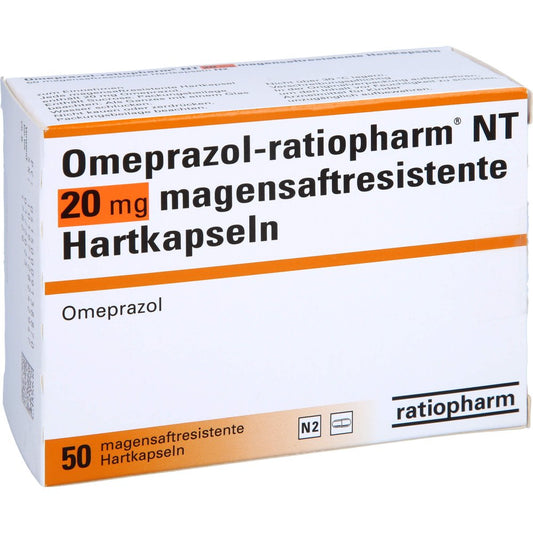 Das Produktfoto zeigt Omeprazol-Ratiopharm Nt 20 Mg Magensaftr.Hartkaps. (50 stk) PZN 00913887