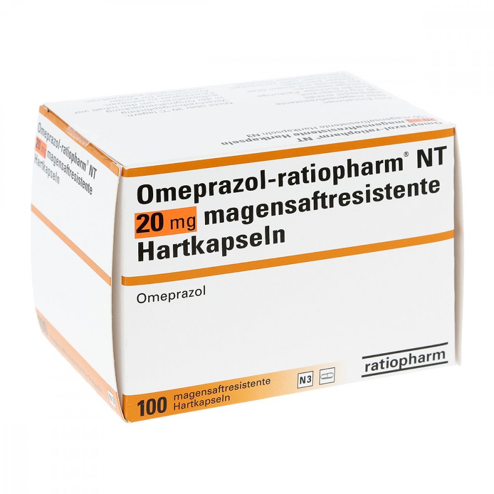 Das Produktfoto zeigt Omeprazol-Ratiopharm Nt 20 Mg Magensaftr.Hartkaps. (100 stk) PZN 00913893