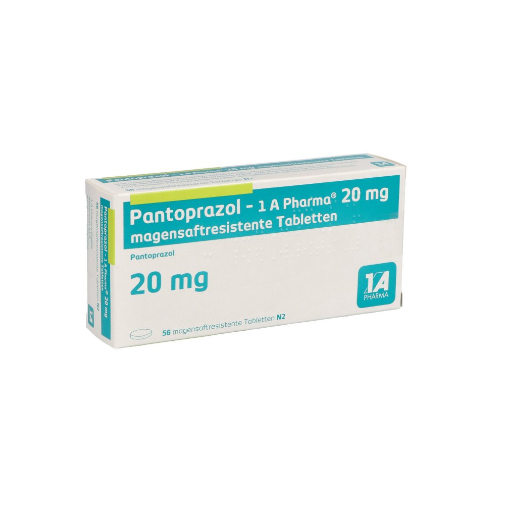 Das Produktfoto zeigt Pantoprazol-1a Pharma 20 Mg Magensaftres.Tabletten (56 stk) PZN 00939295