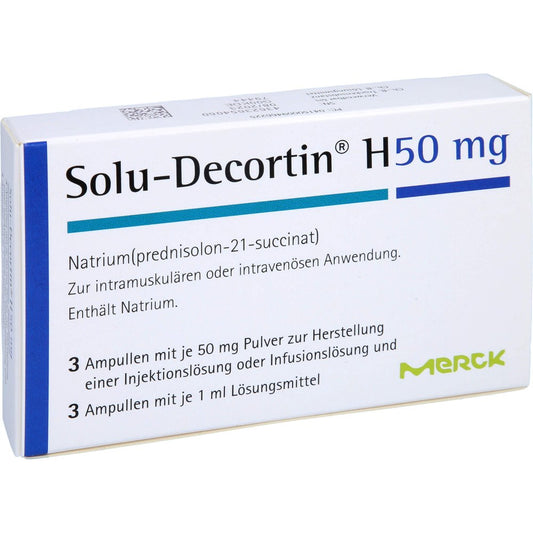 Das Produktfoto zeigt Solu-Decortin H 50 Mg Plv.U.Lm Z.H.E.Inj./Inf.L. (3 stk) PZN 00946622