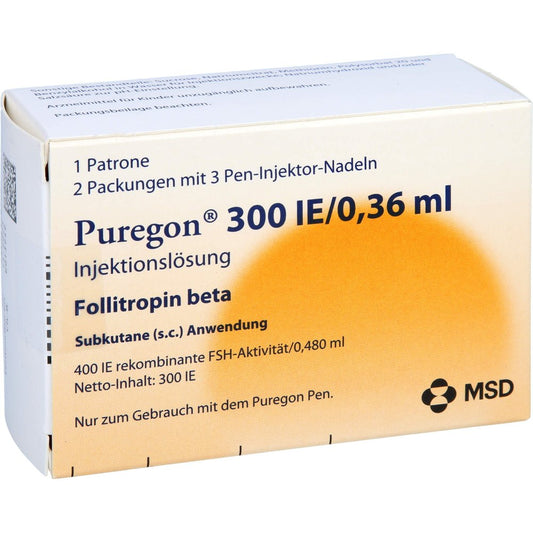 Das Produktfoto zeigt Puregon 300 I.E./0,36 Ml Injekt.-Lsg.I.Pat.+6 Nad. (1 stk) PZN 00950919