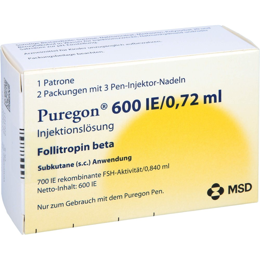 Das Produktfoto zeigt Puregon 600 I.E./0,72 Ml Injekt.-Lsg.I.Pat.+6 Nad. (1 stk) PZN 00950931