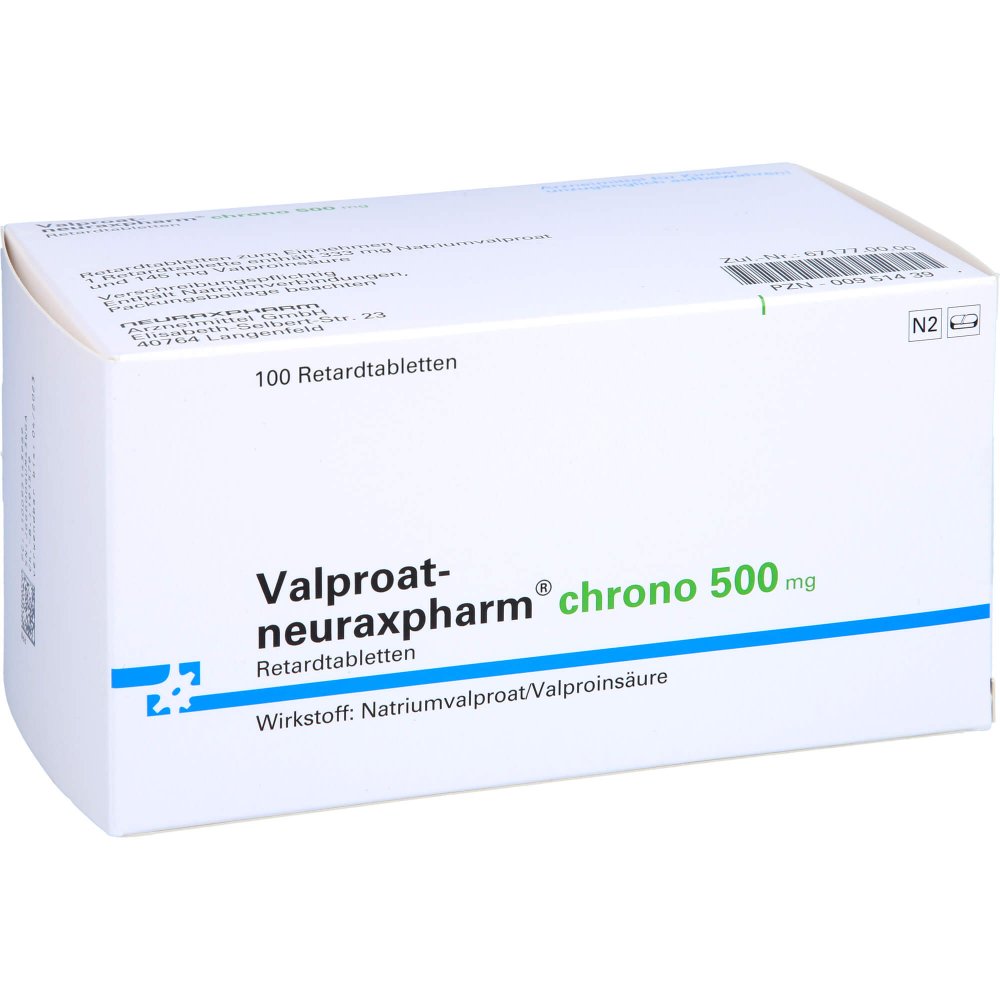 Das Produktfoto zeigt Valproat-Neuraxpharm Chrono 500 Mg Retardtabletten (100 stk) PZN 00951439
