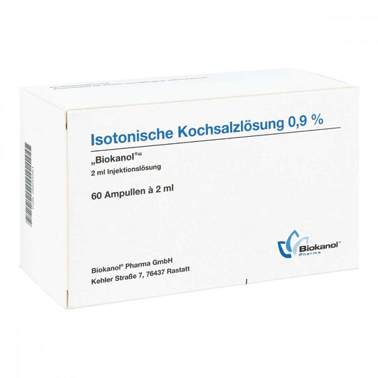 Das Produktfoto zeigt Isotonische Kochsalzlösung 0,9% Biokanol Ampullen (60X2 ml) PZN 00955561