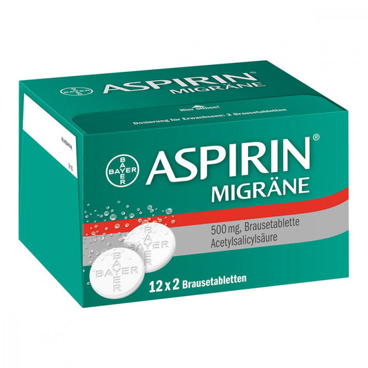 Das Produktfoto zeigt Aspirin Migräne 500 Mg Brausetabletten (24 stk) PZN 00958298