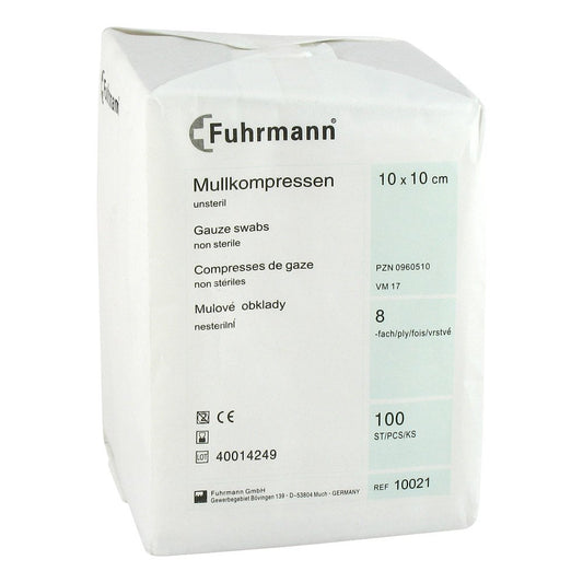 Das Produktfoto zeigt Mullkompressen 10x10 Cm Unsteril 8fach (100 stk) PZN 00960510