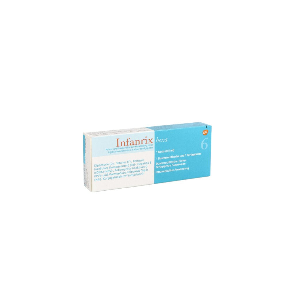 Das Produktfoto zeigt Infanrix Hexa Fertigspr.Plv.U.Susp.Z.H.E.Inj.Susp. (1 stk) PZN 00977060