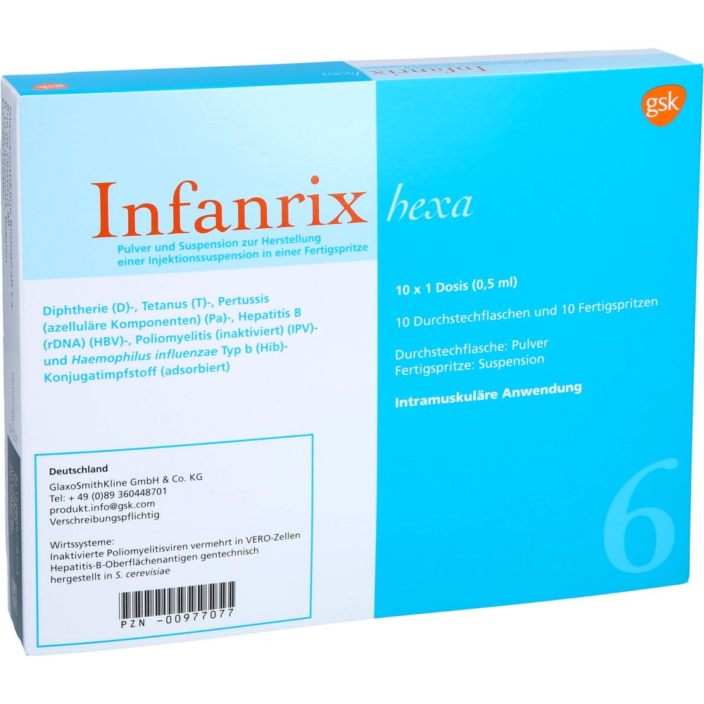 Das Produktfoto zeigt Infanrix Hexa Fertigspr.Plv.U.Susp.Z.H.E.Inj.Susp. (10 stk) PZN 00977077