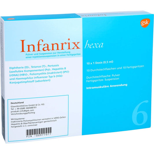 Das Produktfoto zeigt Infanrix Hexa Fertigspr.Plv.U.Susp.Z.H.E.Inj.Susp. (10 stk) PZN 00977077