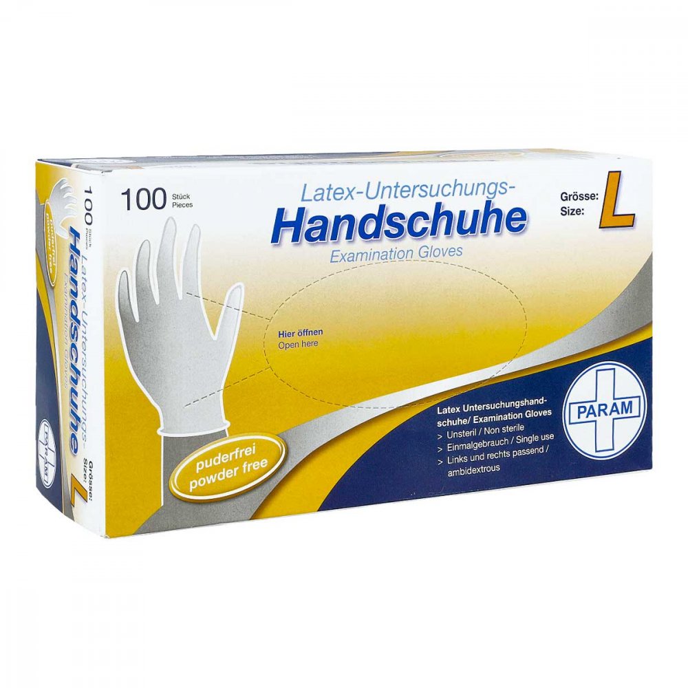 Das Produktfoto zeigt Handschuhe Einmal Latex Puderfrei L (100 stk) PZN 00990267