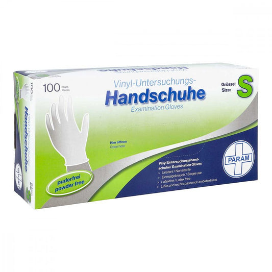Das Produktfoto zeigt Handschuhe Einmal Vinyl Puderfrei S (100 stk) PZN 00990296