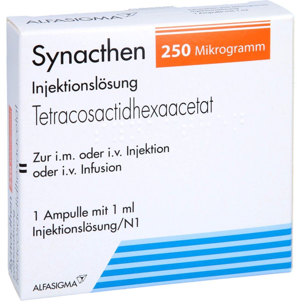 Das Produktfoto zeigt Synacthen 250 Mikrogramm Injektionslsg.Amp. (1X1 ml) PZN 00997281