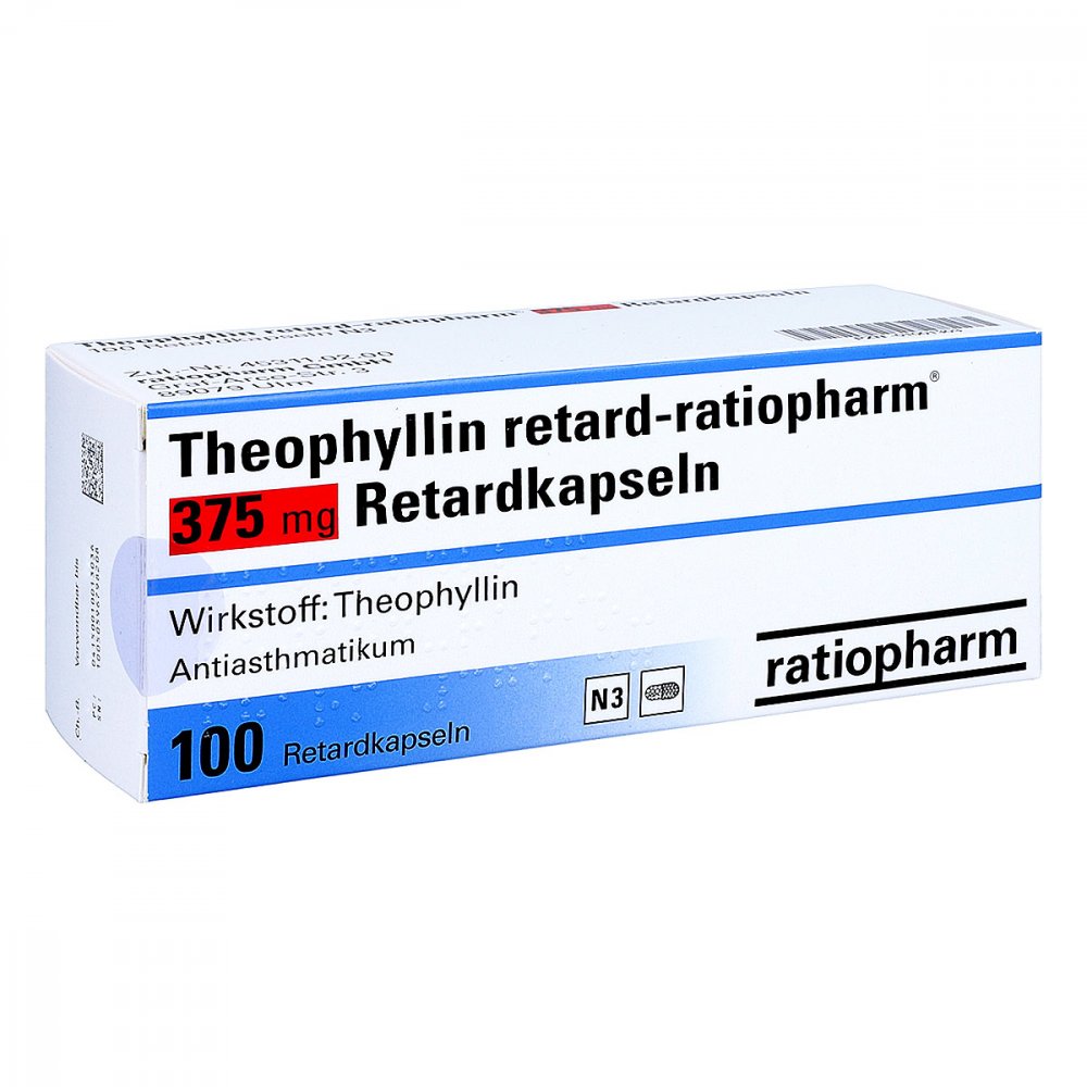 Das Produktfoto zeigt Theophyllin Retard-Ratiopharm 375 Mg Retardkapseln (100 stk) PZN 01001303