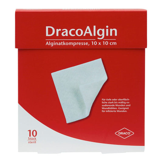 Das Produktfoto zeigt Dracoalgin 10x10 Cm Alginatkompresse (10 stk) PZN 01003785