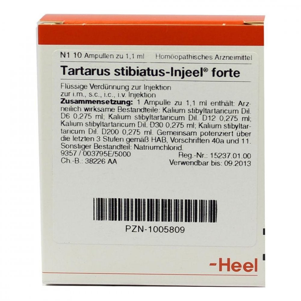 Das Produktfoto zeigt Tartarus Stibiatus Injeel Forte Ampullen (10 stk) PZN 01005809