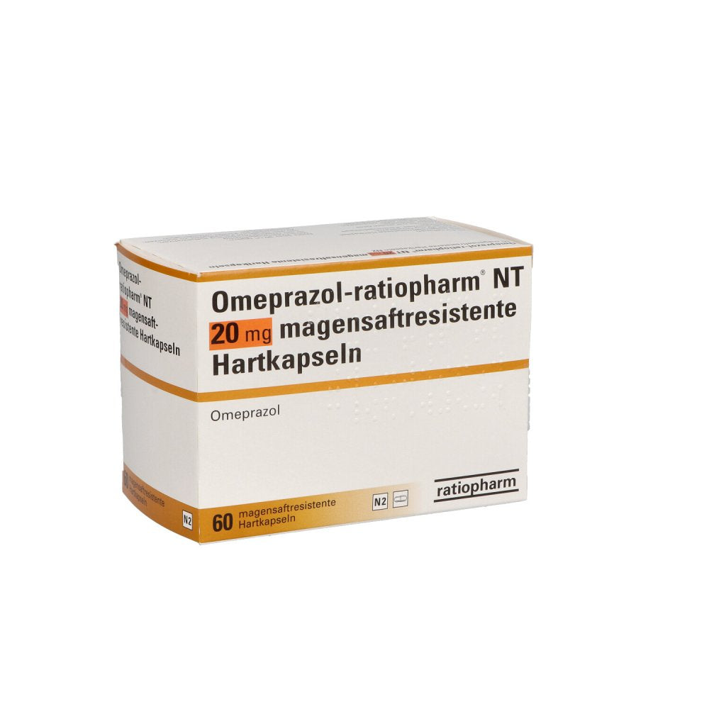 Das Produktfoto zeigt Omeprazol-Ratiopharm Nt 20 Mg Magensaftr.Hartkaps. (60 stk) PZN 01010615