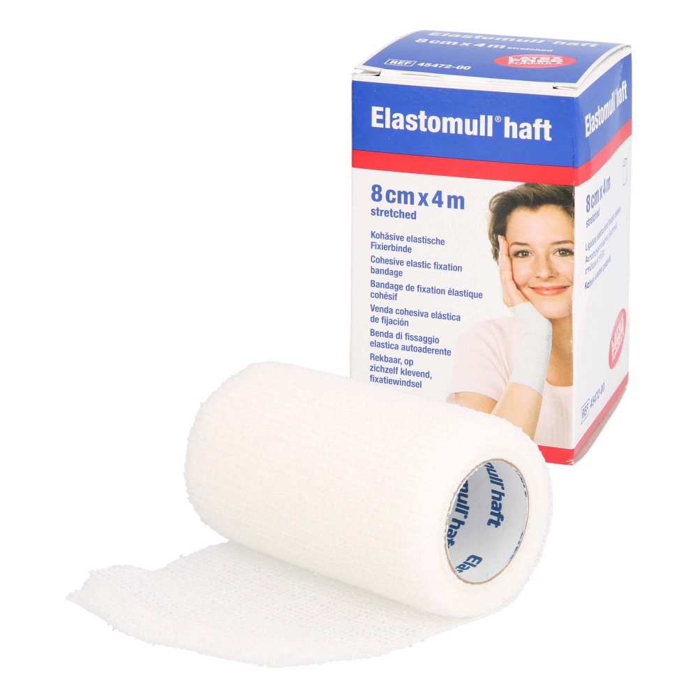 Das Produktfoto zeigt Elastomull Haft 8 Cmx4 M Fixierbinde (10 stk) PZN 01012169