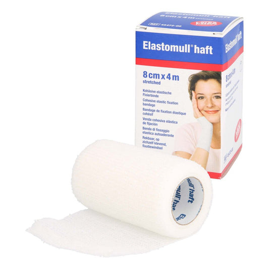 Das Produktfoto zeigt Elastomull Haft 8 Cmx4 M Fixierbinde (10 stk) PZN 01012169