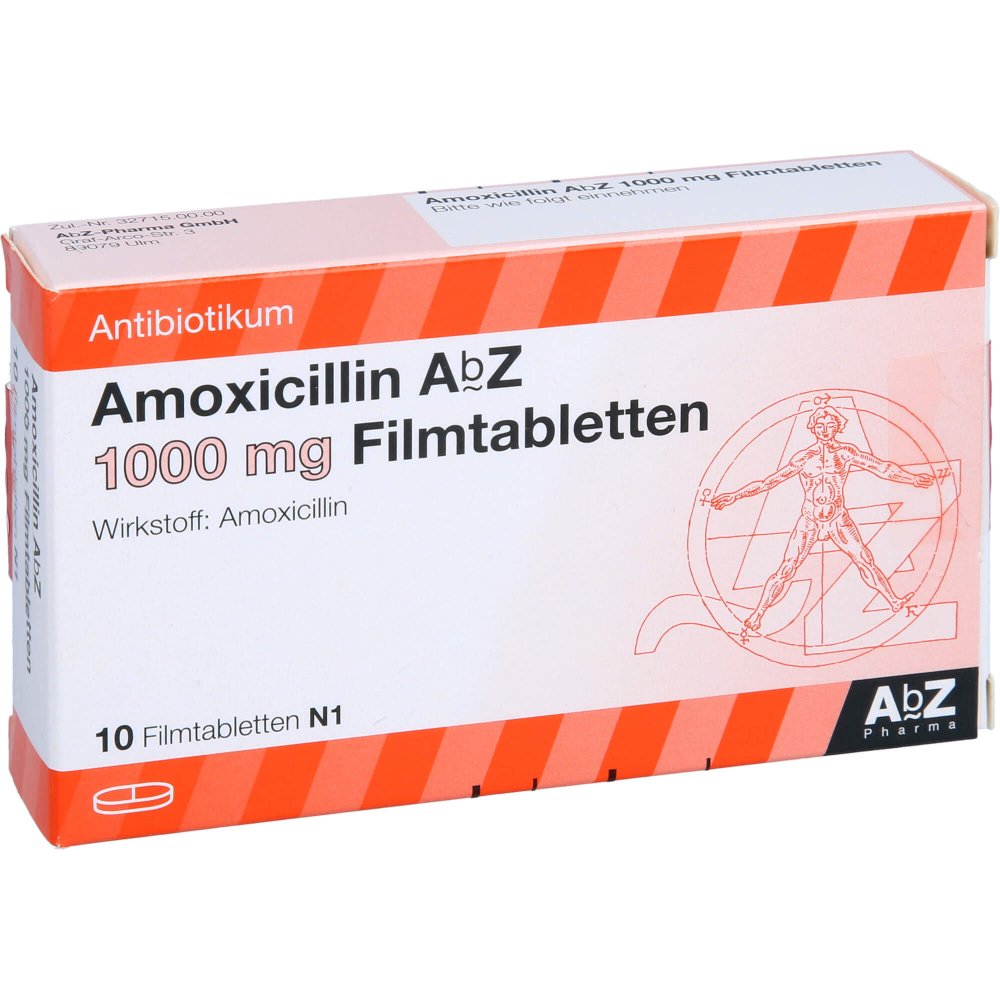 Das Produktfoto zeigt Amoxicillin Abz 1000 Mg Filmtabletten (10 stk) PZN 01014688