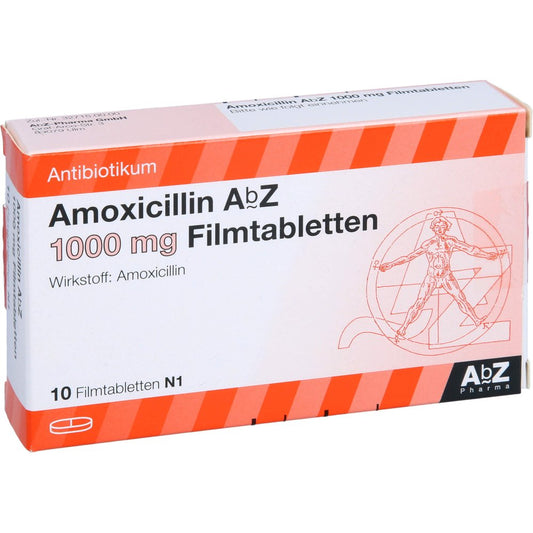 Das Produktfoto zeigt Amoxicillin Abz 1000 Mg Filmtabletten (10 stk) PZN 01014688