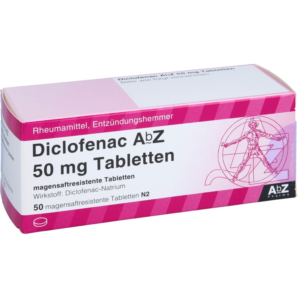 Das Produktfoto zeigt Diclofenac Abz 50 Mg Magensaftresistente Tabletten (50 stk) PZN 01015558