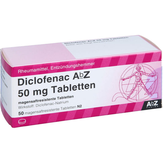 Das Produktfoto zeigt Diclofenac Abz 50 Mg Magensaftresistente Tabletten (50 stk) PZN 01015558