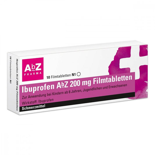 Das Produktfoto zeigt Ibuprofen Abz 200 Mg Filmtabletten (10 stk) PZN 01016032