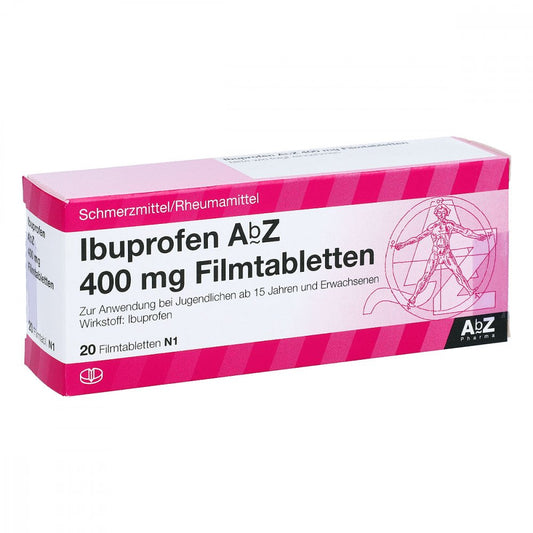 Das Produktfoto zeigt Ibuprofen Abz 400 Mg Filmtabletten (20 stk) PZN 01016061