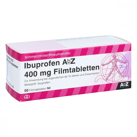 Das Produktfoto zeigt Ibuprofen Abz 400 Mg Filmtabletten (50 stk) PZN 01016078
