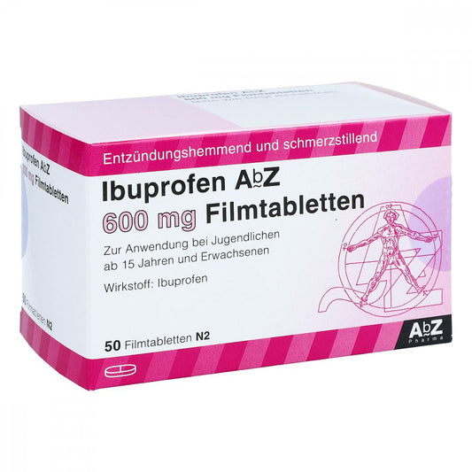 Das Produktfoto zeigt Ibuprofen Abz 600 Mg Filmtabletten (50 stk) PZN 01016109