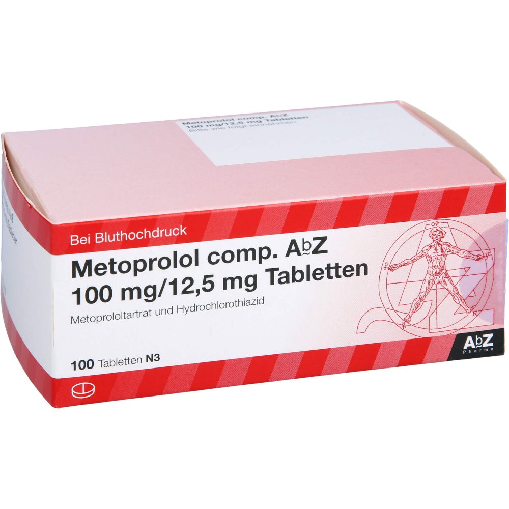 Das Produktfoto zeigt Metoprolol Comp. Abz 100 Mg/12,5 Mg Tabletten (100 stk) PZN 01016486
