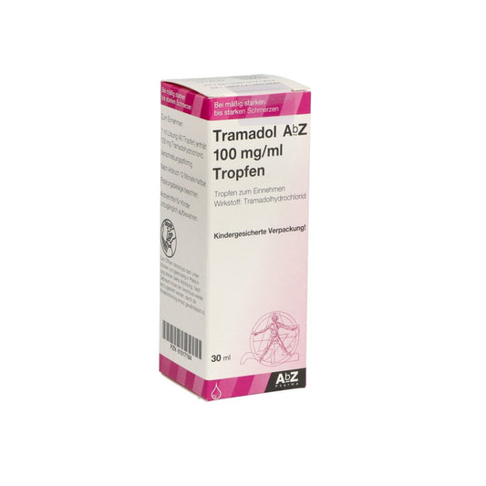 Das Produktfoto zeigt Tramadol Abz 100 Mg/Ml Tro.Z.Einn.M.Tropfaufsatz (30 ml) PZN 01017184