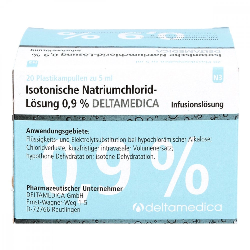 Das Produktfoto zeigt Isotonische Nacl 0,9% Deltamedica Inf.-Lsg.Pl.Amp. (20X5 ml) PZN 01021010