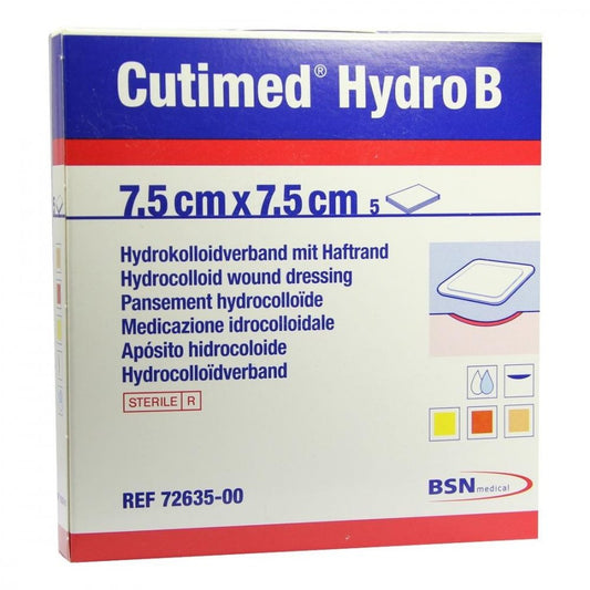Das Produktfoto zeigt Cutimed Hydro B Hydrok.Ver.7,5x7,5 Cm M.Haftr. (5 stk) PZN 01021398