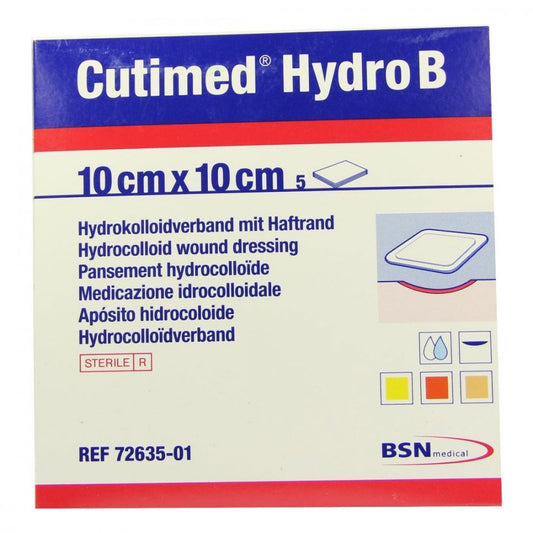 Das Produktfoto zeigt Cutimed Hydro B Hydrok.Ver.10x10 Cm M.Haftr. (5 stk) PZN 01021406