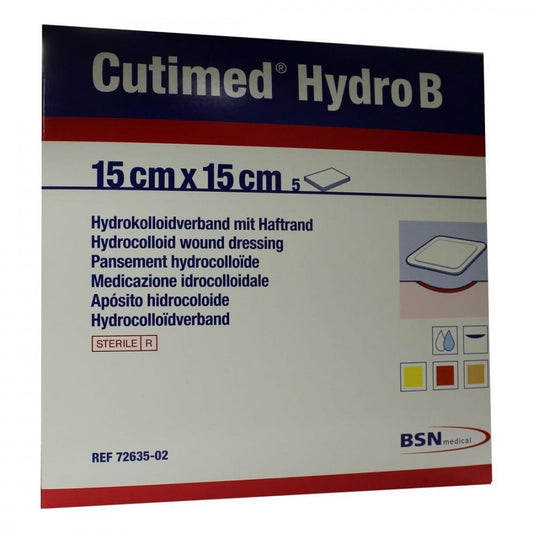 Das Produktfoto zeigt Cutimed Hydro B Hydrok.Ver.15x15 Cm M.Haftr. (5 stk) PZN 01021412