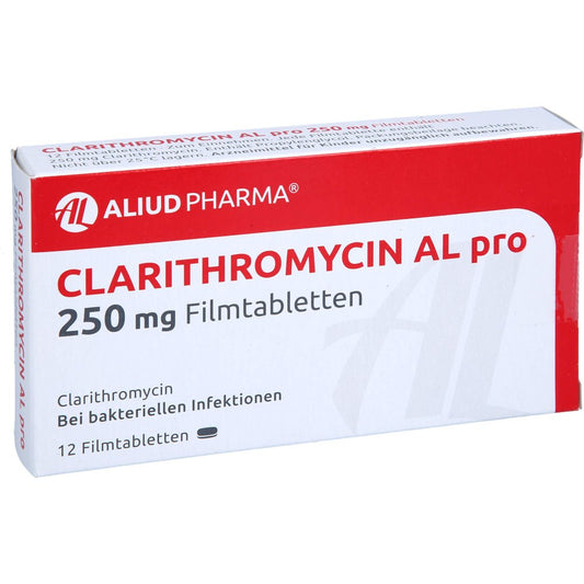 Das Produktfoto zeigt Clarithromycin Al Pro 250 Mg Filmtabletten (12 stk) PZN 01025491