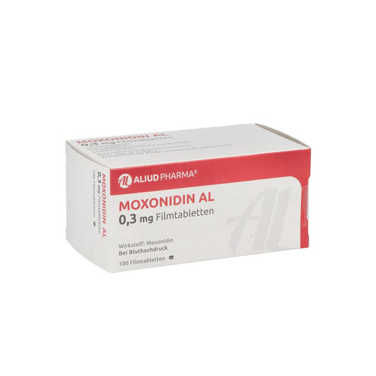 Das Produktfoto zeigt Moxonidin Al 0,3 Mg Filmtabletten (100 stk) PZN 01036112